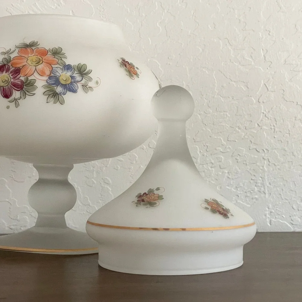 Vintage Norleans Frosted Satin Candy Dish Floral Jar Lidded‎ Hand painted